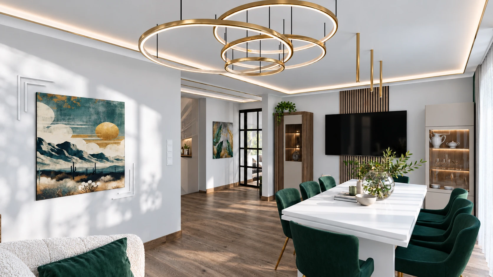 Salon z jadalnią — projekt Q-artis z zielonymi krzesłami i złotym oświetleniem